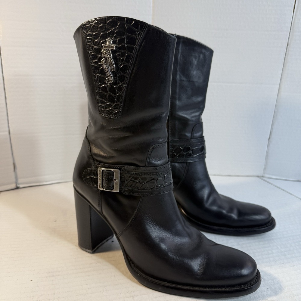 Harley Davidson Womens Sz 9  Black High Heel leather Boots Buckle Sword Danielle
